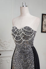 Black Beaded Formal Evening Dress Strapless Sheath Prom Wedding Party Dress with Panel Train