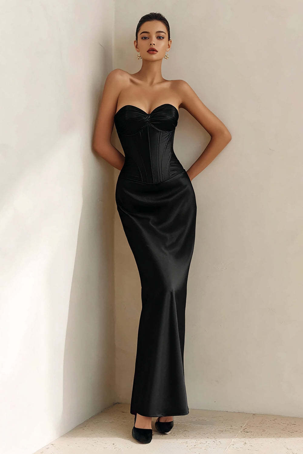 Dressystars Black Corset Mermaid Sweetheart Long Satin Prom Dress
