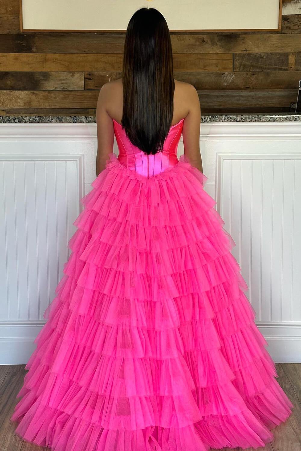 Fuchsia Corset Sweetheart A-Line Tiered Long Prom Dress with Slit