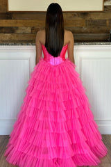 Black Corset Prom Dress Sweetheart A-Line Tiered Long Tulle Evening Dress with Slit