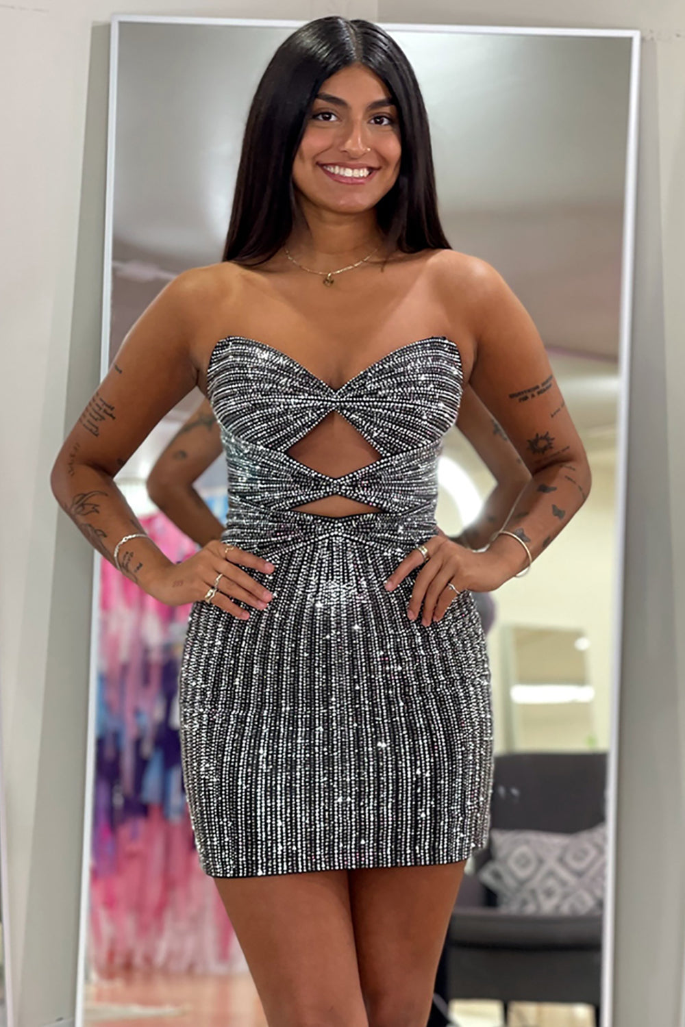 Black Cut Out Short Tight Homecoming Dresses Cocktail Dresses With Beading