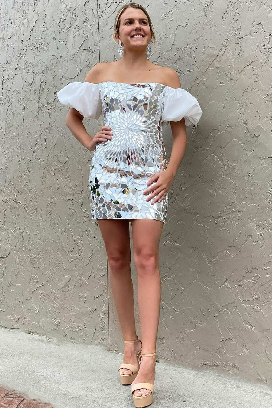 Black Homecoming Dress Cut Glass Mirror Puff Sleeve Short Party Cocktail Dress