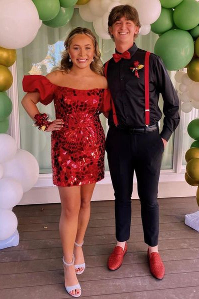 Black Homecoming Dress Cut Glass Mirror Puff Sleeve Short Party Cocktail Dress