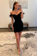 Black Homecoming Dress Off The Shoulder Corset Tight Short Prom Dress with Feathers
