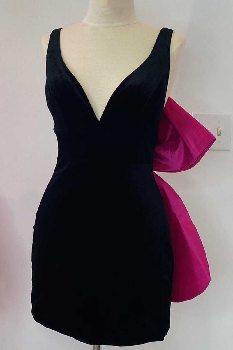 Black Homecoming Dress Plunge V bowknot Back Bodycon Mini Short Party Cocktail Dress