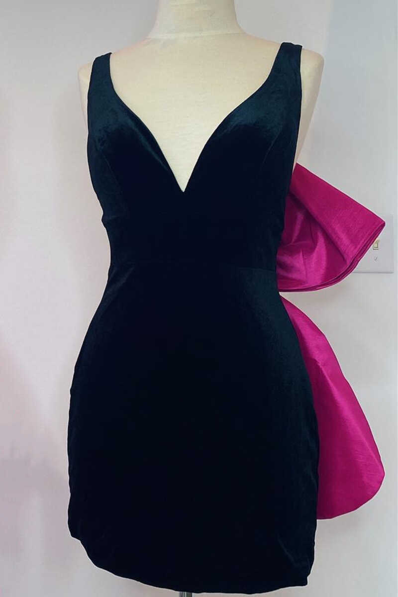 Black Homecoming Dress Plunge V bowknot Back Bodycon Mini Short Party Cocktail Dress