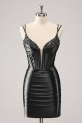Black Homecoming Dress Spaghetti Straps Tight Corset Prom Dress with Sequin