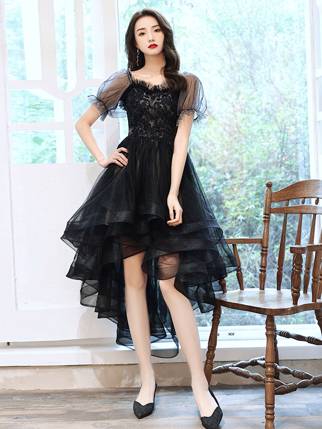 Black Homecoming Dress Tulle High Low Lace Party Cocktail Dress