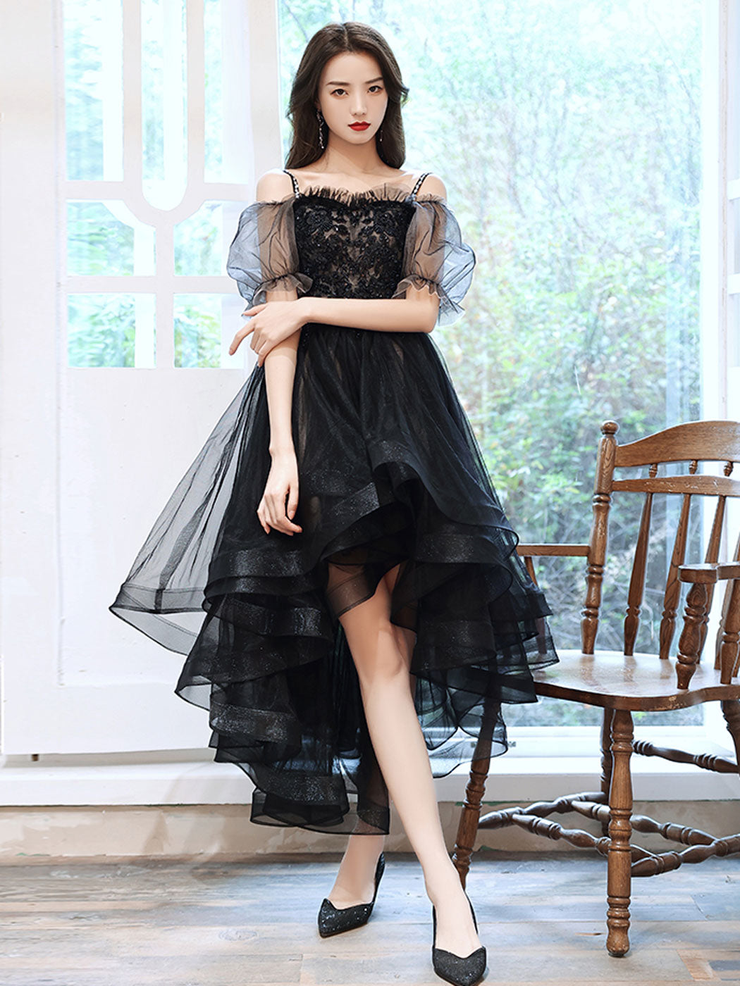 Black Homecoming Dress Tulle High Low Lace Party Cocktail Dress