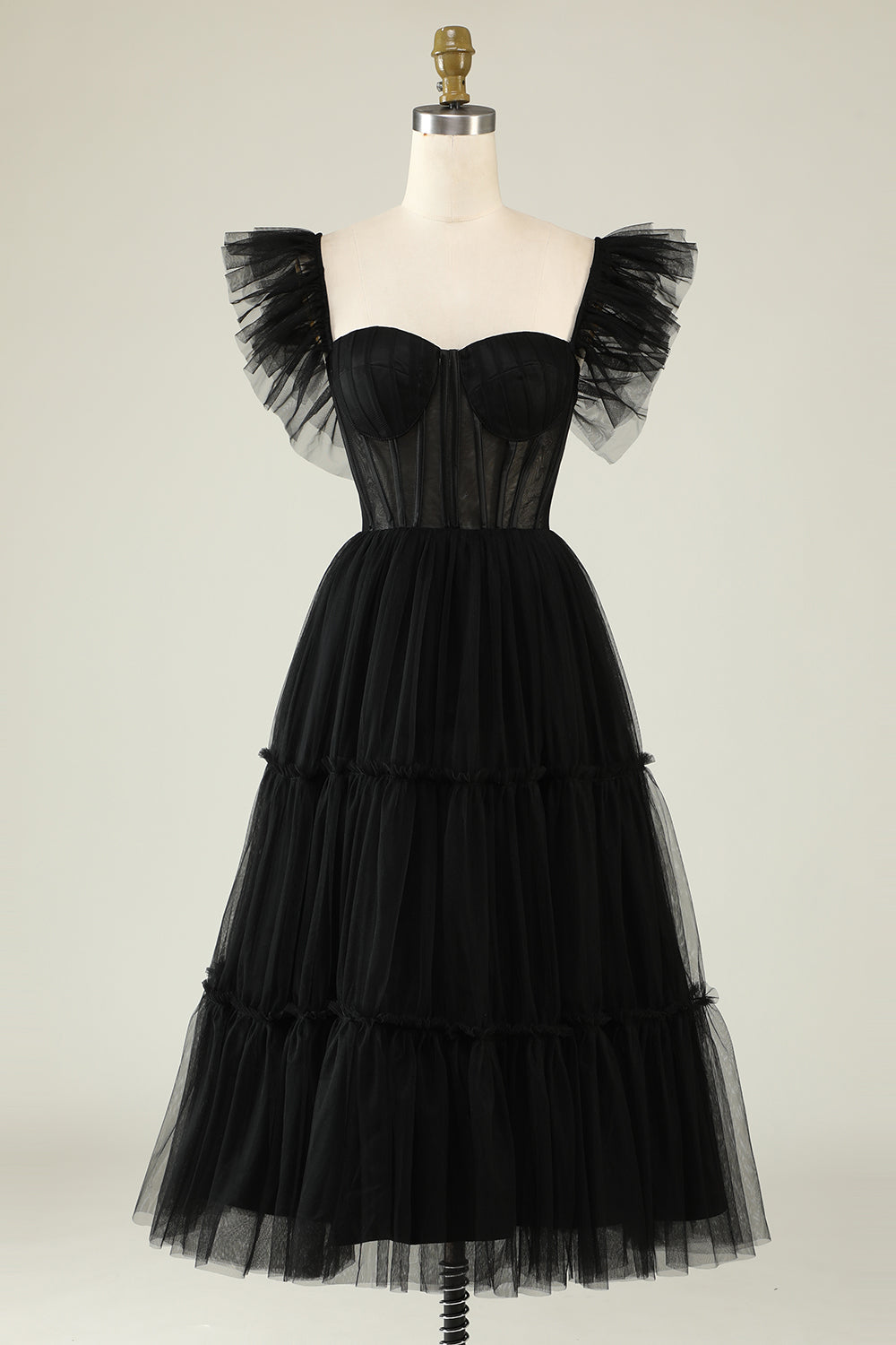 Black Homecoming Dresses A-Line Corset Ruffled Tulle Cocktail Dresses