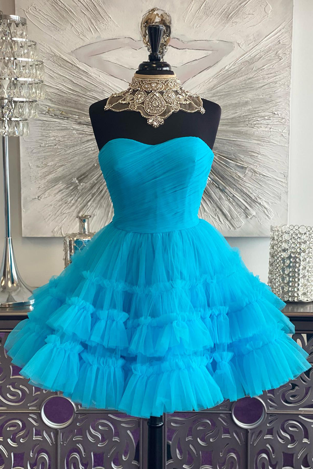 Black Homecoming Dresses A-Line Sweetheart Tulle Tiered Corset Short Cocktail Dresses