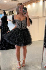 Black Homecoming Dresses Beaded Corset Ruffled Short Cocktail Dresses With Feathers