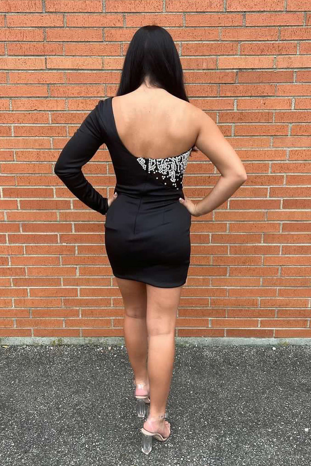 Black Homecoming Dresses BeadedOne Shoulder One Sleeve Tight Short Cocktail Dresses