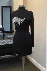 Black Homecoming Dresses BeadedOne Shoulder One Sleeve Tight Short Cocktail Dresses
