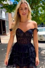 Black Homecoming Dresses Corset Ruffled Short Cocktail Dresses With Lace