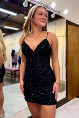 Black Homecoming Dresses Corset Sequin Tight Sequin Short Cocktail Dresses