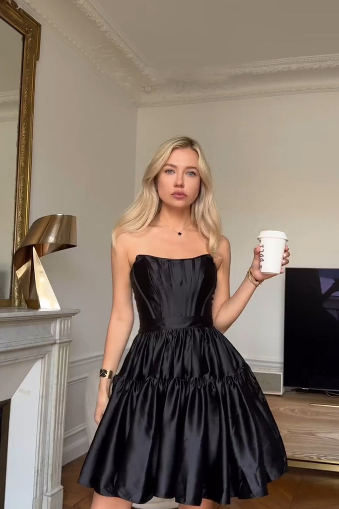 black hoco dress corset Straps Black Polka Dot Corset Mini Homecoming Dress – Movousdress main image 1