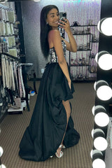 Black Homecoming Dresses High Low Satin A-Line Mirror Cocktail Dresses