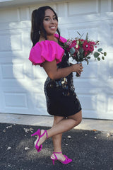 Black Homecoming Dresses Mirror Tight Short Cocktail Dresses With Puff Sleeves