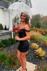 Black Homecoming Dresses Off The Shoulder Tight Short Cocktail Dresses with Fringes
