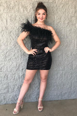 Black Homecoming Dresses One Shoulder Sequin Short Cocktail Dresses with Feathers