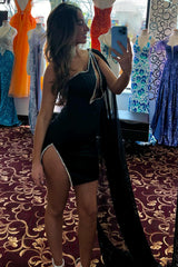Black Homecoming Dresses One Shoulder Short Cocktail Dresses With Slit