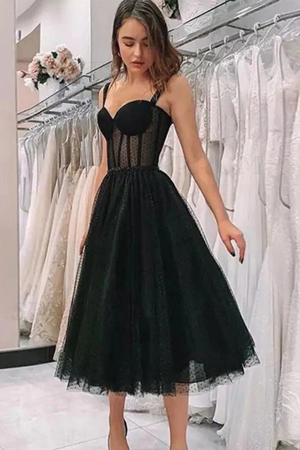 Black Homecoming Dresses Polka Dots A Line Cocktail Dresses