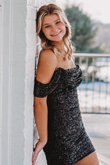 Black Homecoming Dresses Sequin Short Tight Cocktail Dresses