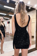 Black Homecoming Dresses Sequined Tight Short Cocktail Dresses with Fringes