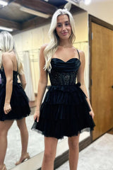 Black Homecoming Dresses Spaghetti Straps Corset Short Cocktail Dresses
