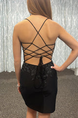 Black Homecoming Dresses Tight Short Cocktail Dresses with Appliques