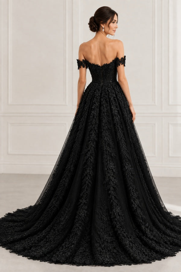 Black Lace A Line Wedding Dress with Plunging Sweetheart and Off Shoulder Straps