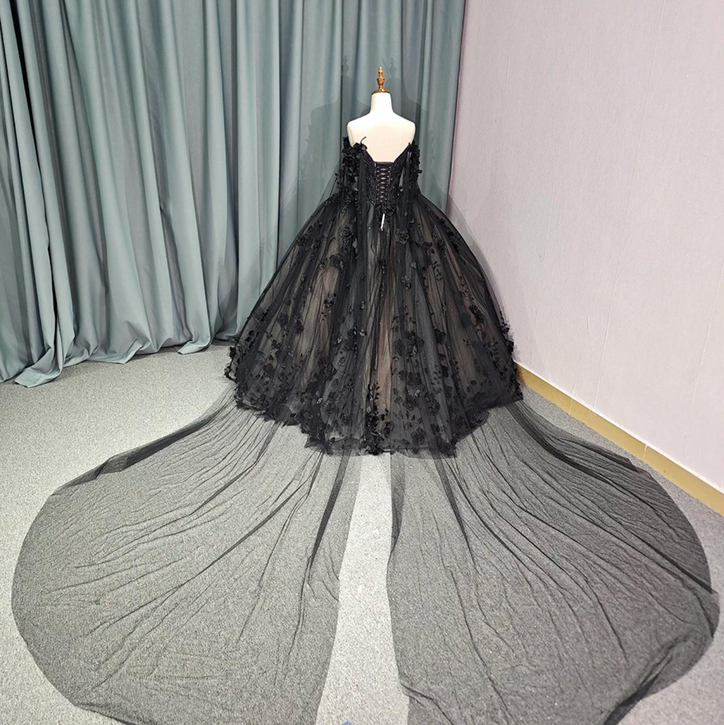 Black Long Sleeve Quinceanera Dress Ball Gown Off The Shoulder Sweet 16 Dress
