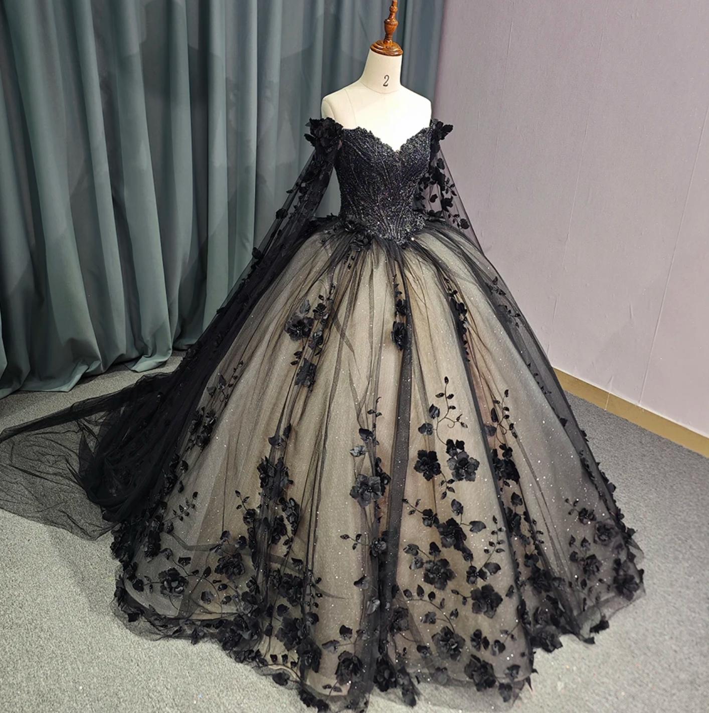 Black Long Sleeve Quinceanera Dress Ball Gown Off The Shoulder Sweet 16 Dress