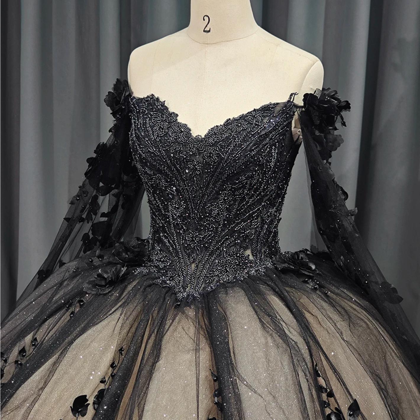 Black Long Sleeve Quinceanera Dress Ball Gown Off The Shoulder Sweet 16 Dress
