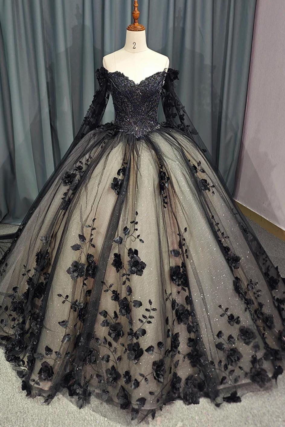 Black Long Sleeve Quinceanera Dress Ball Gown Off The Shoulder Sweet 16 Dress