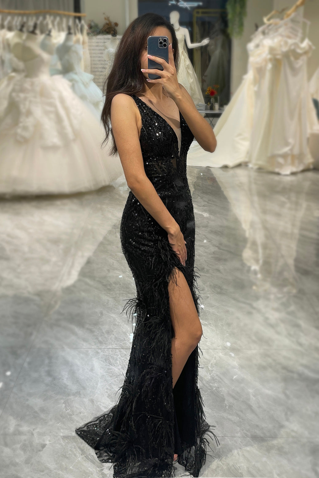 Black Mermaid Long Feathered Prom Dress With Slit