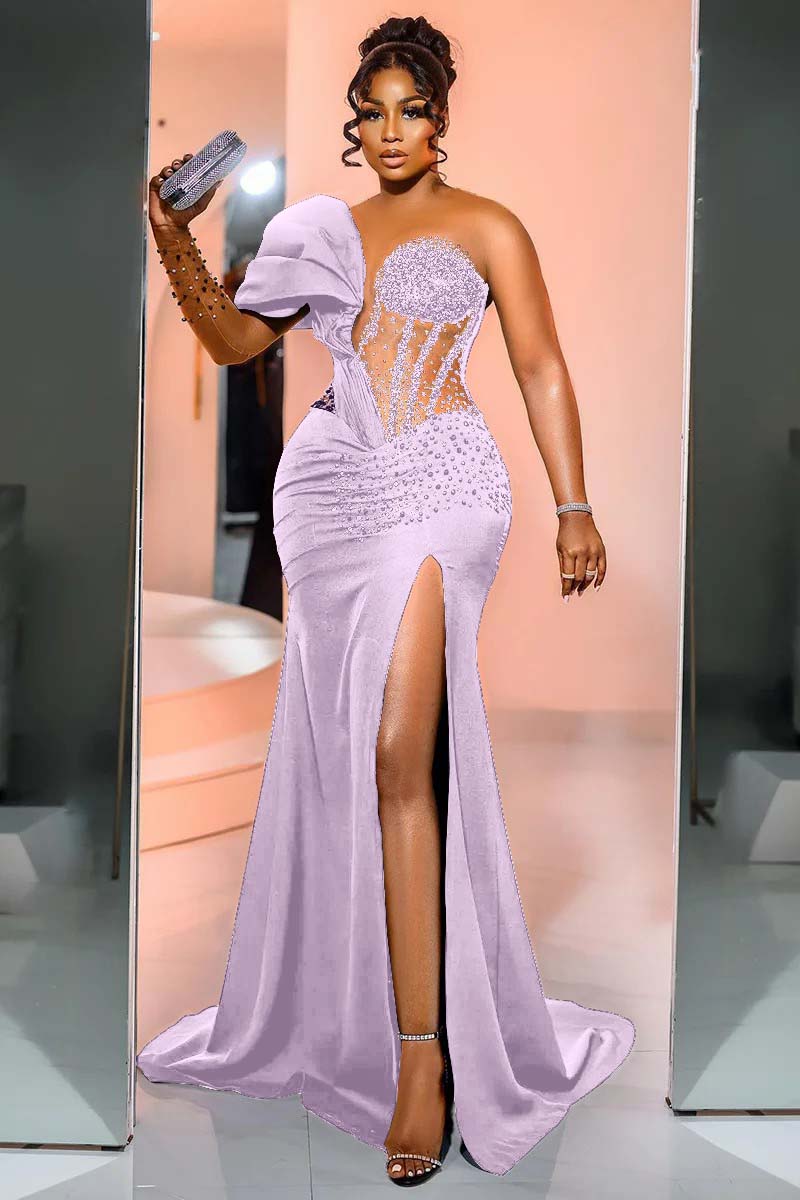 Black Mermaid Prom Dress Cap Sleeve One Shoulder Formal Dress With Beadings and Rhinestones