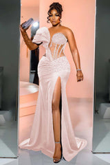 Black Mermaid Prom Dress Cap Sleeve One Shoulder Formal Dress With Beadings and Rhinestones