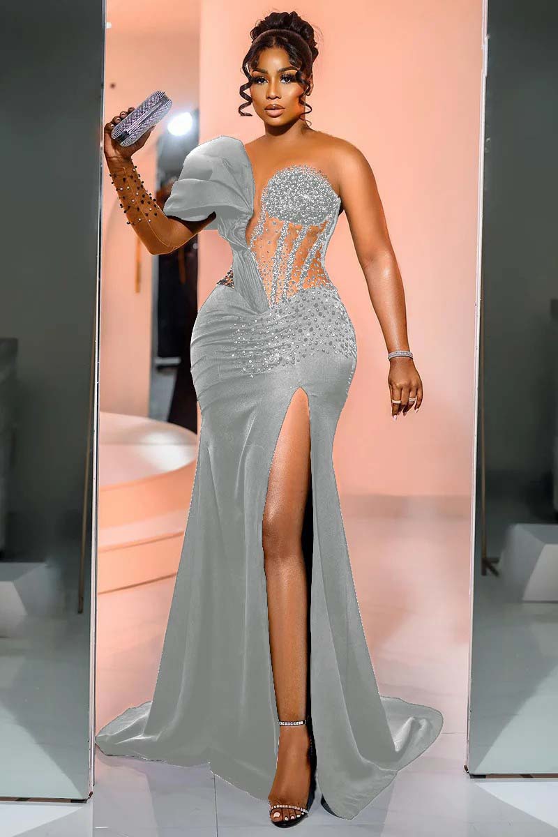 Black Mermaid Prom Dress Cap Sleeve One Shoulder Formal Dress With Beadings and Rhinestones