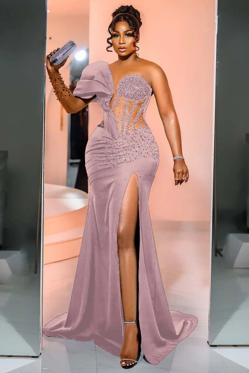 Black Mermaid Prom Dress Cap Sleeve One Shoulder Formal Dress With Beadings and Rhinestones