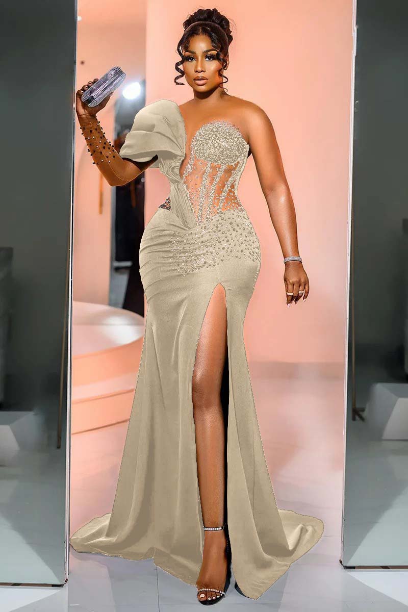 Black Mermaid Prom Dress Cap Sleeve One Shoulder Formal Dress With Beadings and Rhinestones