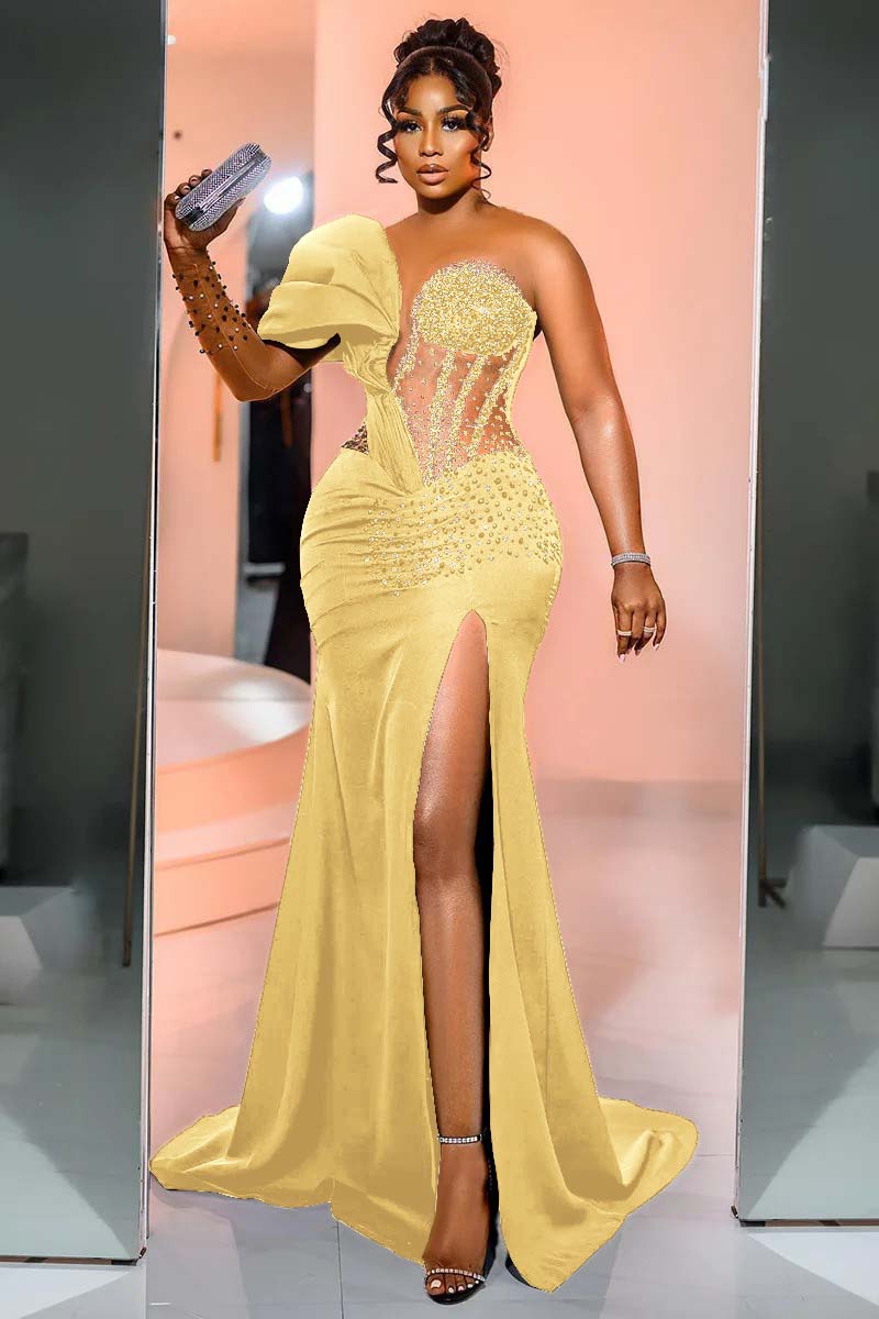 Black Mermaid Prom Dress Cap Sleeve One Shoulder Formal Dress With Beadings and Rhinestones