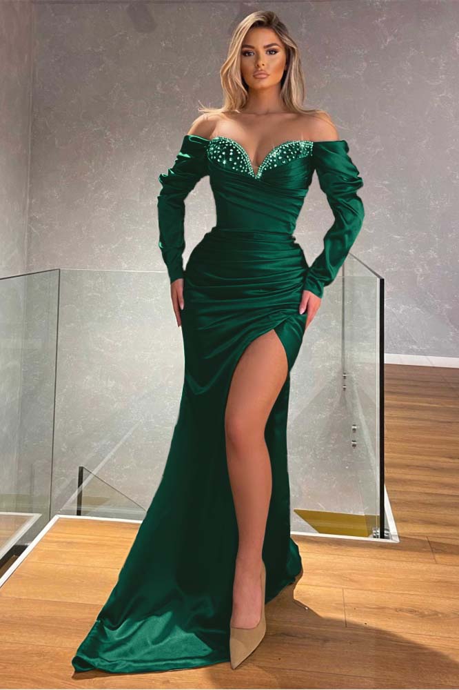 Black Mermaid Prom Dress Long Sleeve Off the Shoulder Formal Dress With Beadings and Rhinestones