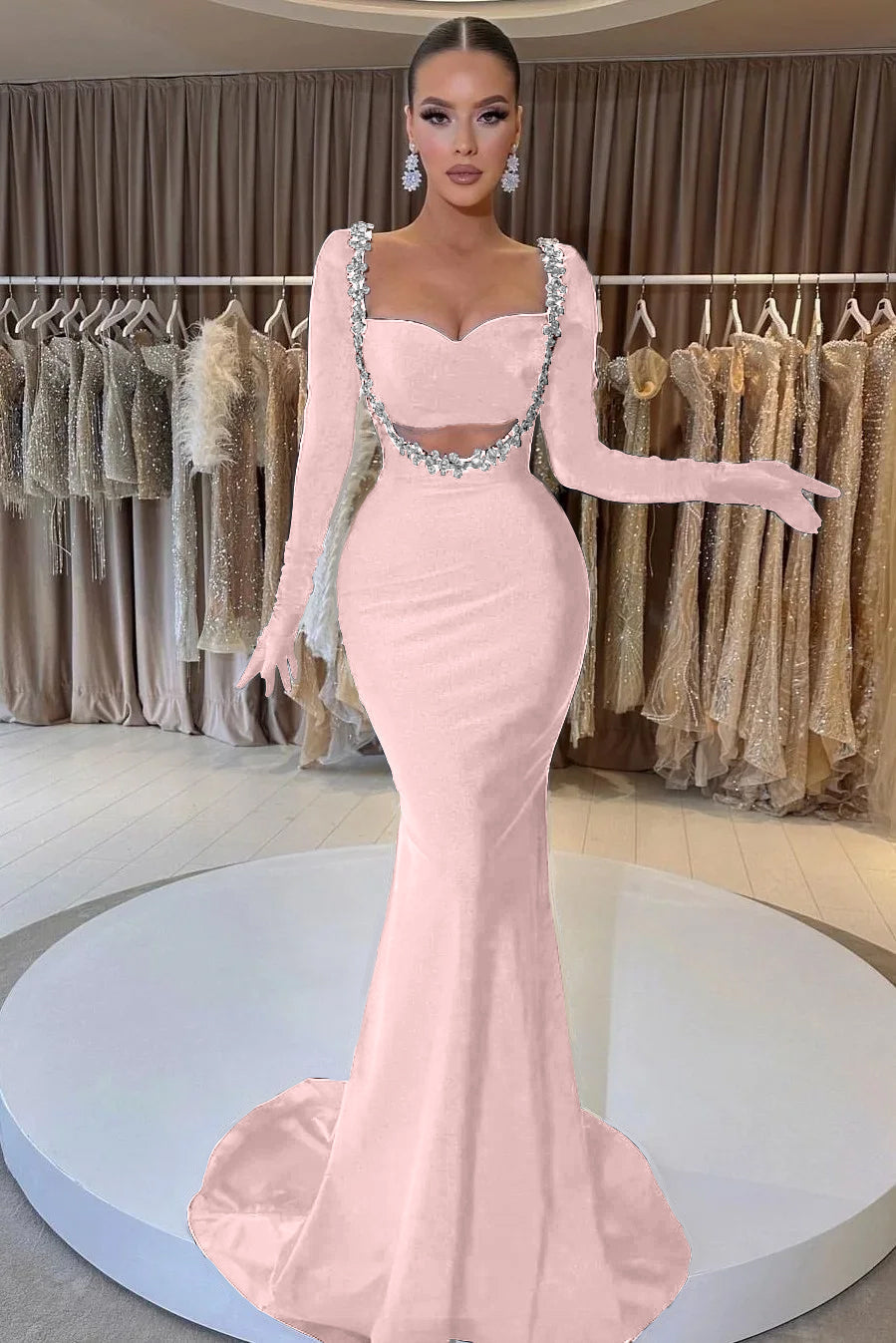 Black Mermaid Prom Dress Long Sleeve Sweetheart Formal Dress With Beadings and Rhinestones