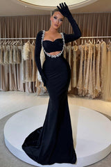 Black Mermaid Prom Dress Long Sleeve Sweetheart Formal Dress With Beadings and Rhinestones