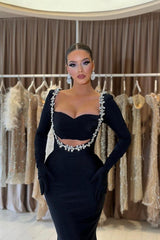 Black Mermaid Prom Dress Long Sleeve Sweetheart Formal Dress With Beadings and Rhinestones