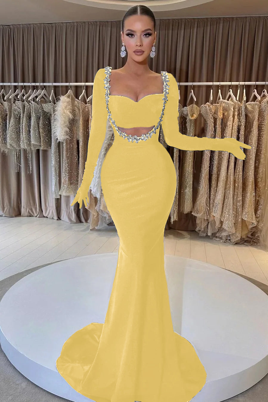 Black Mermaid Prom Dress Long Sleeve Sweetheart Formal Dress With Beadings and Rhinestones