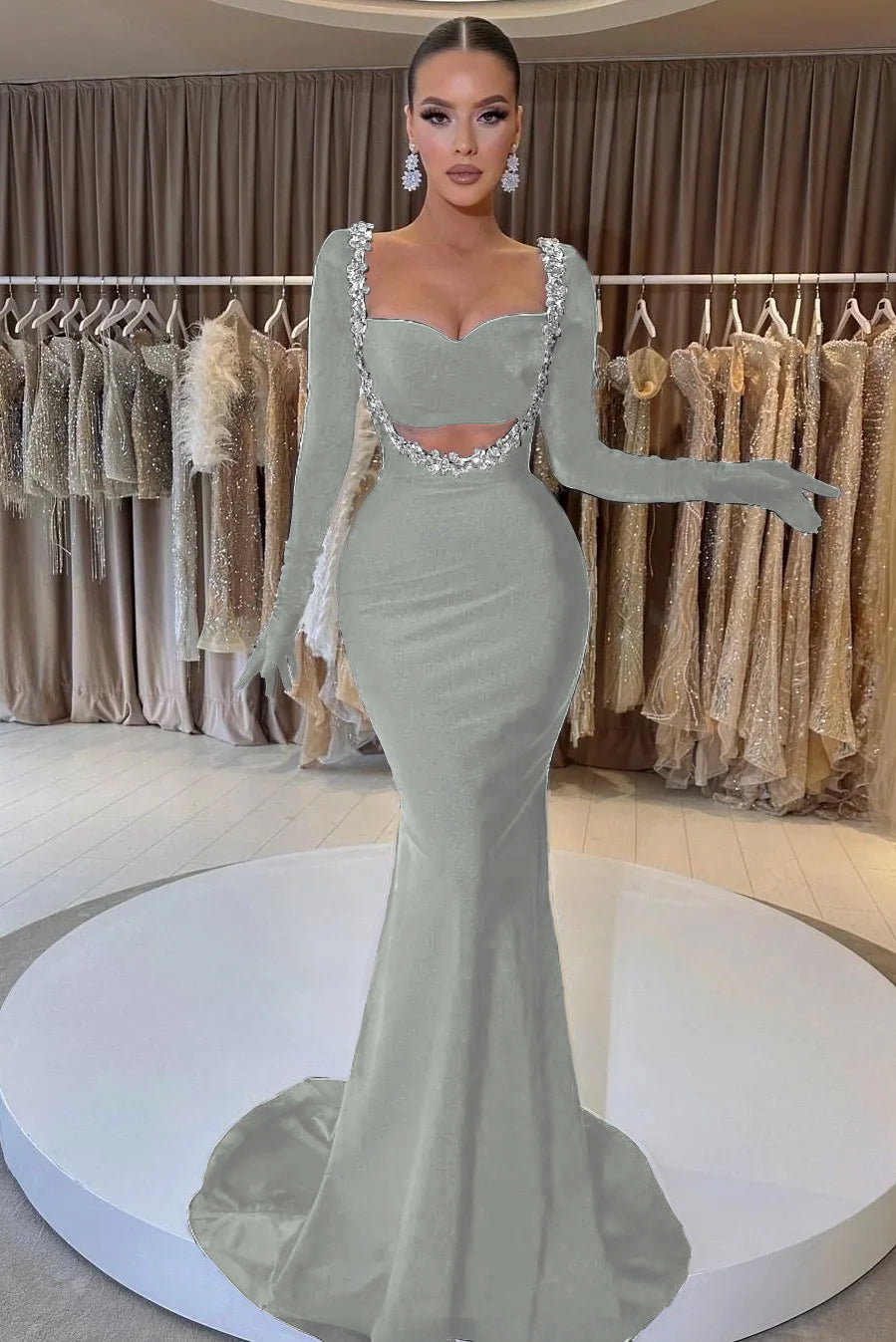 Black Mermaid Prom Dress Long Sleeve Sweetheart Formal Dress With Beadings and Rhinestones