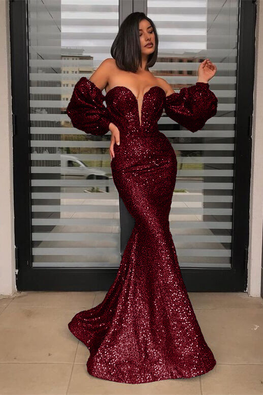 Black Mermaid Prom Dress Long Sleeve Sweetheart Sequined Formal Dress